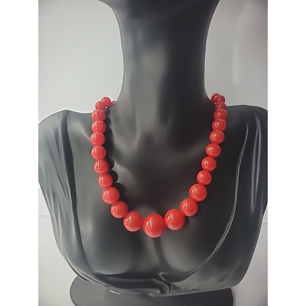 Vintage Necklace Beaded Graduated Red Solid Gold Tone Jewelry Costume
